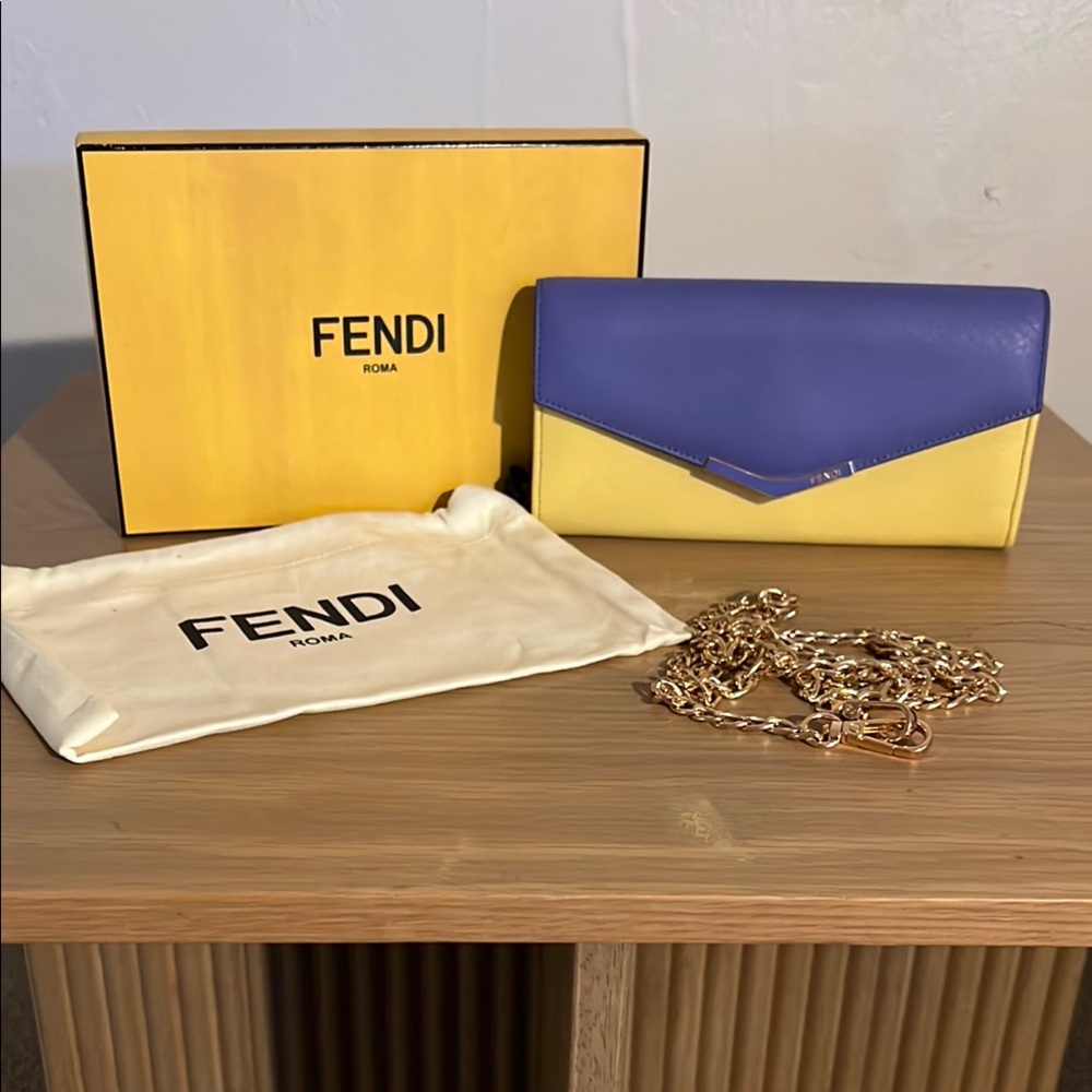 Fendi Blue and Yellow Clutch with Gold Chain